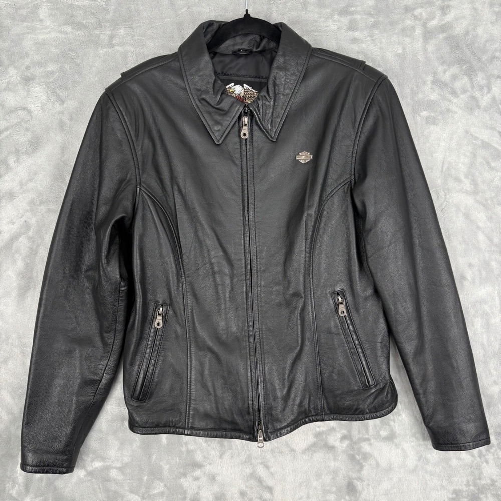 Harley Davidson Womens Leather Jacket Black Large Embroidered Logo Pockets - Picture 2 of 16